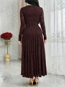 Feyla Elegant Square Neck Lace Cinched Waist Mermaid Hem Cocktail Dress - Coffee Brown - View 7
