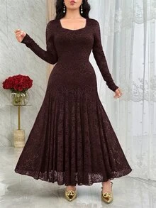 Feyla Elegant Square Neck Lace Cinched Waist Mermaid Hem Cocktail Dress - Coffee Brown - View 3