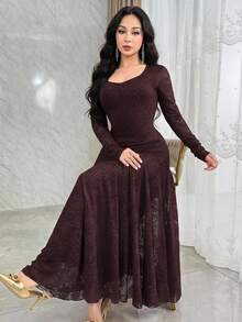 Feyla Elegant Square Neck Lace Cinched Waist Mermaid Hem Cocktail Dress - Coffee Brown - View 2