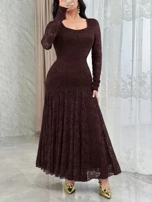 Feyla Elegant Square Neck Lace Cinched Waist Mermaid Hem Cocktail Dress - Coffee Brown - View 6