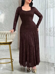 Feyla Elegant Square Neck Lace Cinched Waist Mermaid Hem Cocktail Dress - Coffee Brown - View 4