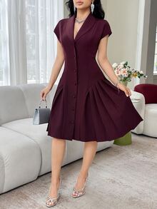 Feyla New Arrival Elegant Collared Waist Ruched Design Slimming Party Dress - Red Violet - View 7