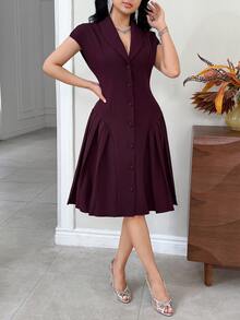 Feyla New Arrival Elegant Collared Waist Ruched Design Slimming Party Dress - Red Violet - View 3