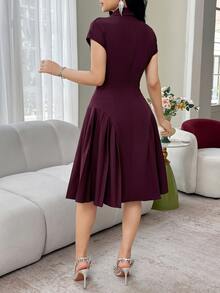 Feyla New Arrival Elegant Collared Waist Ruched Design Slimming Party Dress - Red Violet - View 4