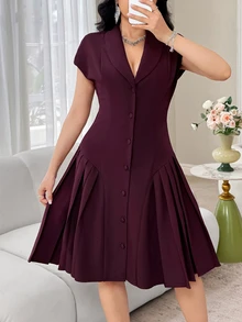 Feyla New Arrival Elegant Collared Waist Ruched Design Slimming Party Dress - Red Violet - View 6