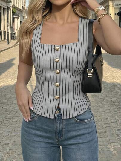Ritzy Row Women's French Elegant Woven Navy Blue Striped Square Neck Sleeveless Button-Front Blouse, Women's French Elegant Design, Women's Apricot Shirt, Women's Commuter Top, Commuter, Summer, Going Out Top, Women's Going Out Top, Women's Elegant Top