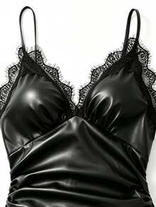 SHEIN Franclia Black Leather Strap Dress, V-Neckline With Exquisite Lace Patchwork, Side Ruched Design Outlining Curves. Matte Soft Leather With Smooth Texture, Hem Paired With Matching Lace, Elegant Long Dress, Party Dress, Women's Holiday Outfit, Suitable For All Seasons - Black - View 5