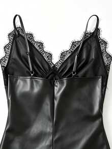 SHEIN Franclia Black Leather Strap Dress, V-Neckline With Exquisite Lace Patchwork, Side Ruched Design Outlining Curves. Matte Soft Leather With Smooth Texture, Hem Paired With Matching Lace, Elegant Long Dress, Party Dress, Women's Holiday Outfit, Suitable For All Seasons - Black - View 6