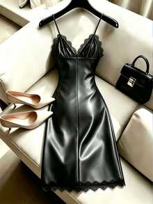 SHEIN Franclia Black Leather Strap Dress, V-Neckline With Exquisite Lace Patchwork, Side Ruched Design Outlining Curves. Matte Soft Leather With Smooth Texture, Hem Paired With Matching Lace, Elegant Long Dress, Party Dress, Women's Holiday Outfit, Suitable For All Seasons - Black - View 3