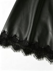 SHEIN Franclia Black Leather Strap Dress, V-Neckline With Exquisite Lace Patchwork, Side Ruched Design Outlining Curves. Matte Soft Leather With Smooth Texture, Hem Paired With Matching Lace, Elegant Long Dress, Party Dress, Women's Holiday Outfit, Suitable For All Seasons - Black - View 7