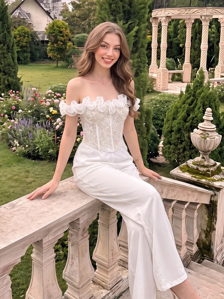 SHEIN MOD Strapless Lace Trim Wide Leg Jumpsuit - White - View 2