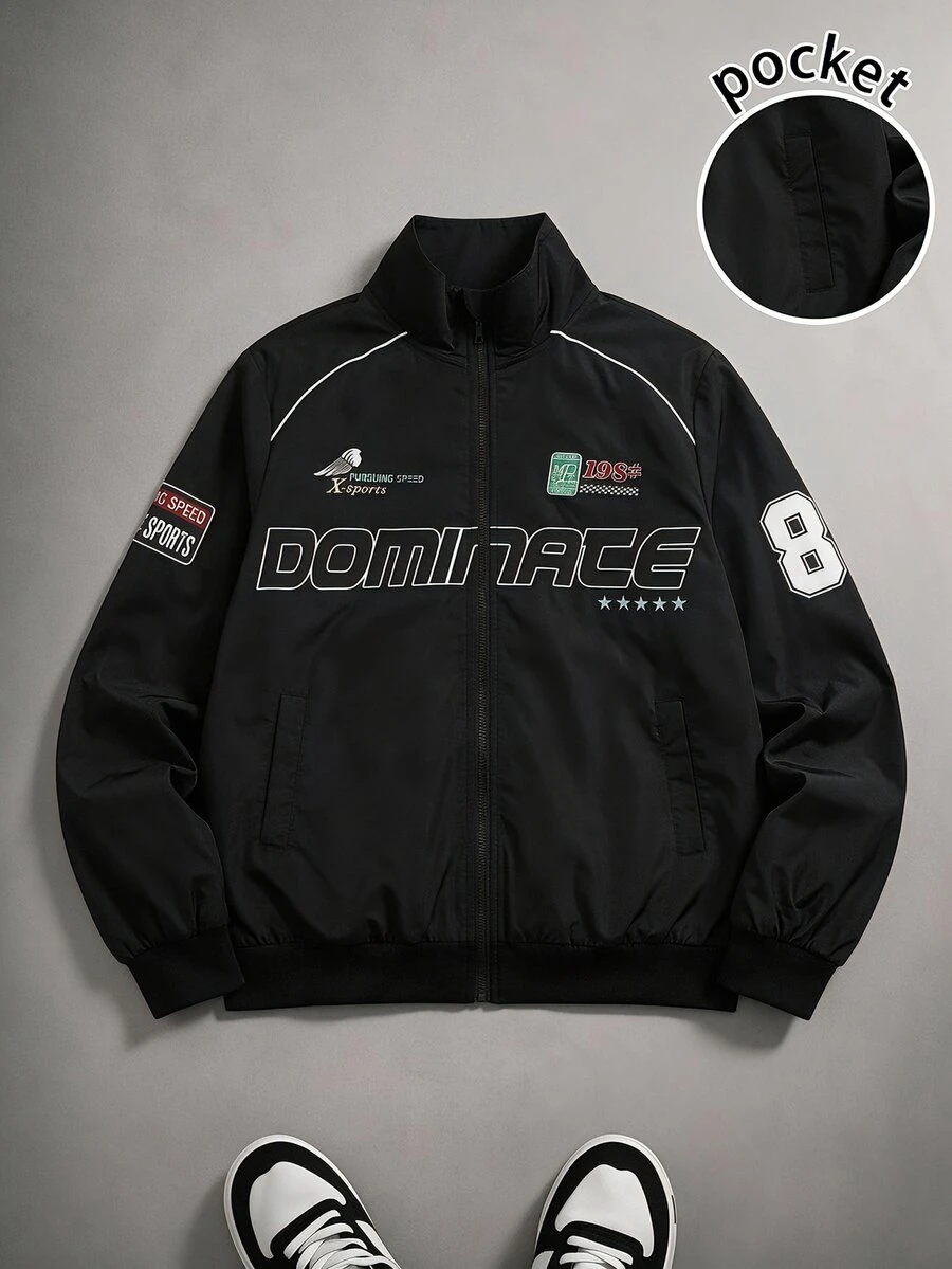 Coolqubz Teen Boys Casual Streetwear Baggy All-Over Print Colorblock Baseball Jacket, Team Logo And Number "85" On Chest, Pairs With Denim Look Jeans - Black - View 1