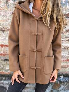 LanaWest Autumn/Winter New Chinese Style Hooded Frog Button Double-Sided Wool Short Coat Loose Versatile Casual Top - Brown - View 4