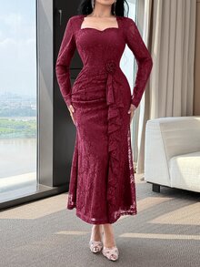 Feyla New Lace Waist Ruffle Floral Cinched Waist Elegant High-End Party Dress - Burgundy - View 6