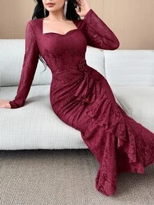Feyla New Lace Waist Ruffle Floral Cinched Waist Elegant High-End Party Dress - Burgundy - View 3