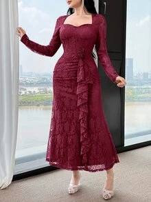 Feyla New Lace Waist Ruffle Floral Cinched Waist Elegant High-End Party Dress - Burgundy - View 5