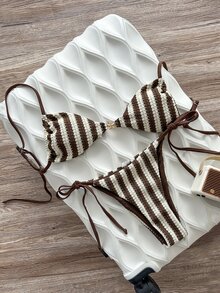 Swim SXY-D Women's Blue & White Striped Jacquard Fabric Spaghetti Strap Metal Decor Bikini Set, Spring/Summer - Multicolor - View 3
