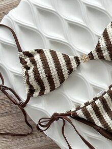 Swim SXY-D Women's Blue & White Striped Jacquard Fabric Spaghetti Strap Metal Decor Bikini Set, Spring/Summer - Multicolor - View 5