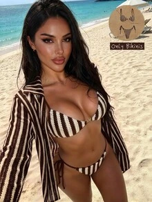 Swim SXY-D Women's Blue & White Striped Jacquard Fabric Spaghetti Strap Metal Decor Bikini Set, Spring/Summer - Multicolor - View 1