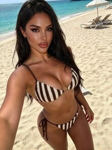 Swim SXY-D Women's Blue & White Striped Jacquard Fabric Spaghetti Strap Metal Decor Bikini Set, Spring/Summer - Multicolor - View 4