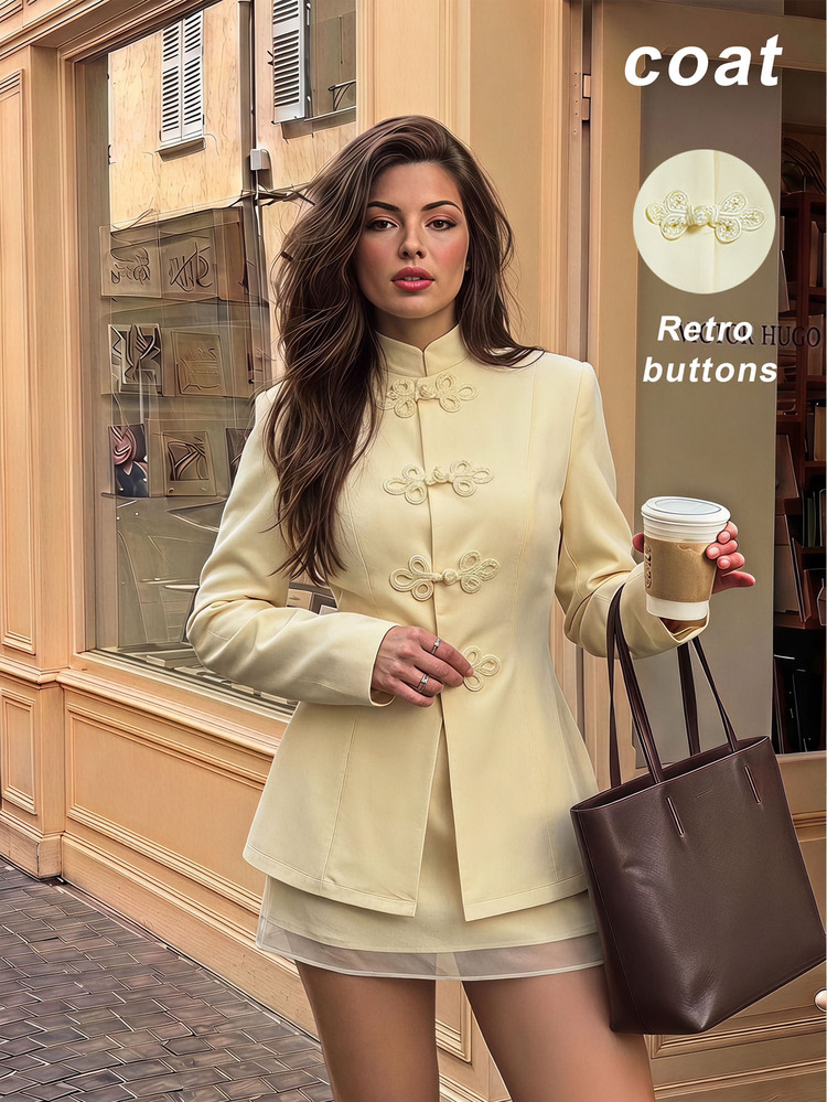 SHEIN MOD Women's Solid Color Frog Button Design Long Sleeve Elegant Blazer - Light Yellow - View 2