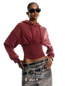 LYSMO Women's Solid Color Pleated Casual Versatile Daily Wear Hooded Sweatshirt - Burgundy - View 3