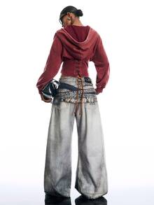 LYSMO Women's Solid Color Pleated Casual Versatile Daily Wear Hooded Sweatshirt - Burgundy - View 9