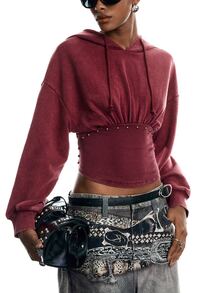 LYSMO Women's Solid Color Pleated Casual Versatile Daily Wear Hooded Sweatshirt - Burgundy - View 6