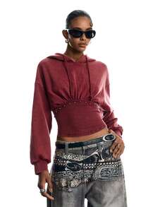 LYSMO Women's Solid Color Pleated Casual Versatile Daily Wear Hooded Sweatshirt - Burgundy - View 8