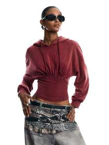 LYSMO Women's Solid Color Pleated Casual Versatile Daily Wear Hooded Sweatshirt - Burgundy - View 7