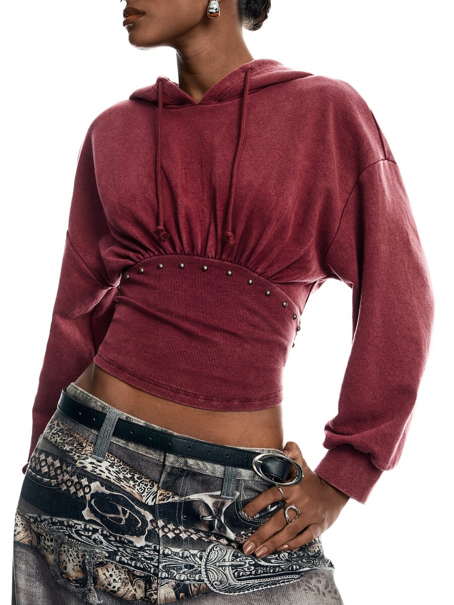 LYSMO Women's Solid Color Pleated Casual Versatile Daily Wear Hooded Sweatshirt - Burgundy - View 1