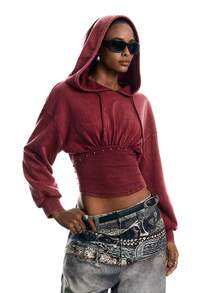 LYSMO Women's Solid Color Pleated Casual Versatile Daily Wear Hooded Sweatshirt - Burgundy - View 5