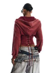 LYSMO Women's Solid Color Pleated Casual Versatile Daily Wear Hooded Sweatshirt - Burgundy - View 2