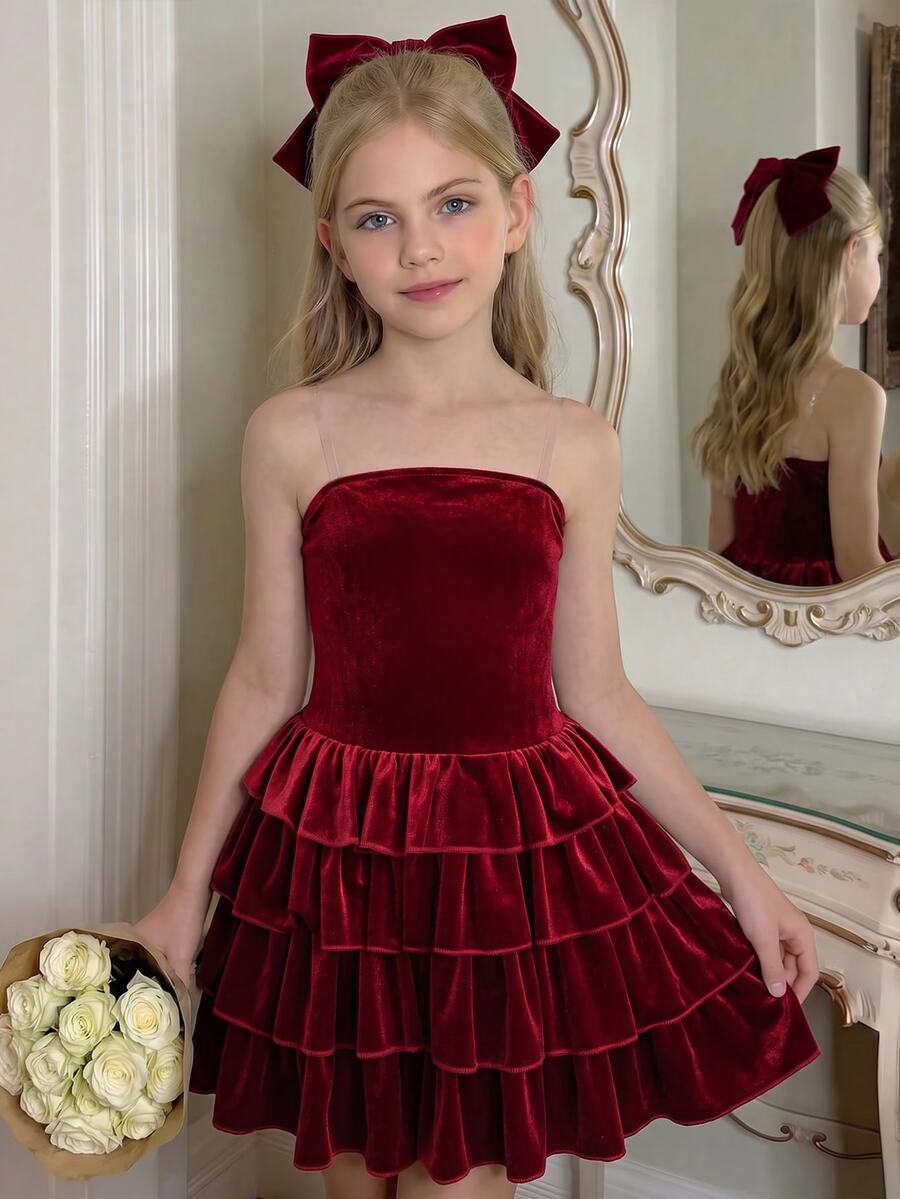 SHEIN Tween Girl Elegant French Glamorous Velvet Multi-Layered Ruffle Strapless Fitted Short Dress, Birthday Party, Daily Wear, Christmas Party, Red Dress - Red - View 1