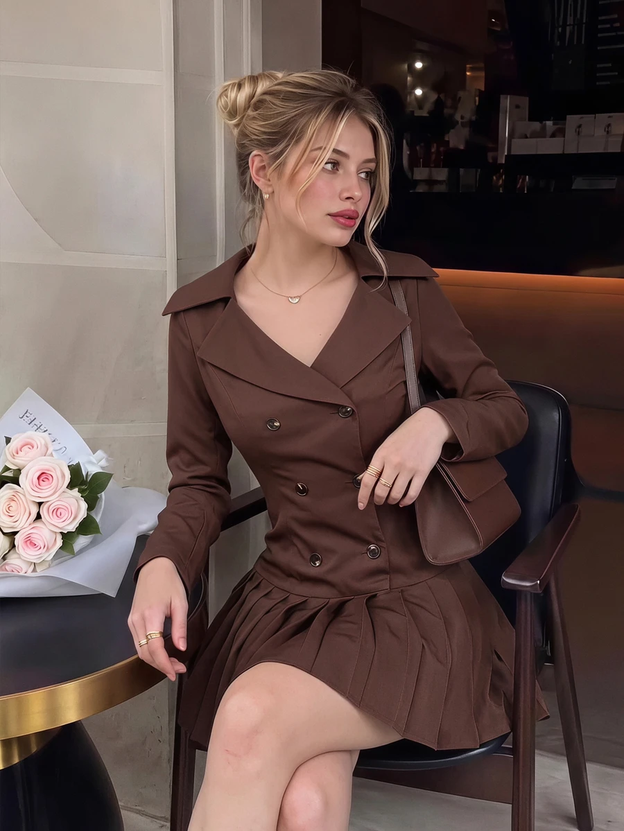 SHEIN MOD Pleated Double-Breasted Coffee Brown Trench Coat Date Party Autumn French Elegant - Rust Brown - View 1