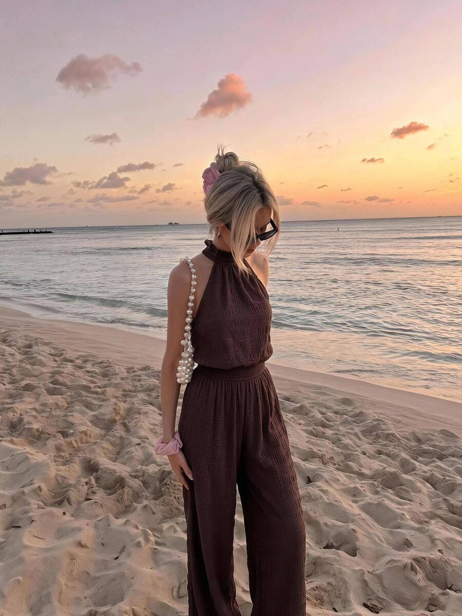 SHEIN MOD Women's Summer Casual Backless Halter Neck Jumpsuit Brunch Vacation Dark Brown - Brown - View 1