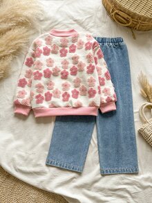 SHEIN Vintaside Kids Girls' Sweatshirt Set, Fleece, Fall Outfits, Long Sleeve Green With Ribbed Cuffs, Hem And Collar, Side Ribbon Bow Autumn Winter - Pink - View 2