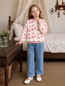 SHEIN Vintaside Kids Girls' Sweatshirt Set, Fleece, Fall Outfits, Long Sleeve Green With Ribbed Cuffs, Hem And Collar, Side Ribbon Bow Autumn Winter - Pink - View 3