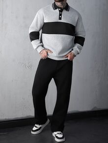 SLATEMANN Men's Button-Up Long Sleeve Striped Pullover Sweatshirt Quarter Zip Going Out Casual Color Block Sweatshirt, For Friends, Husband, Boyfriend Gifts, For Fall - Grey - View 4