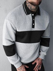 SLATEMANN Men's Button-Up Long Sleeve Striped Pullover Sweatshirt Quarter Zip Going Out Casual Color Block Sweatshirt, For Friends, Husband, Boyfriend Gifts, For Fall - Grey - View 3