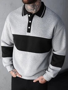 SLATEMANN Men's Button-Up Long Sleeve Striped Pullover Sweatshirt Quarter Zip Going Out Casual Color Block Sweatshirt, For Friends, Husband, Boyfriend Gifts, For Fall - Grey - View 2