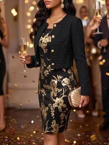 Fleurora Elegant Two Pieces Dress For Women, Ribbed Knit Button Front Cardigan And Black Mini Dress With Gold Floral Print, Stylish Party Outfit Party Dress - Multicolor - View 4