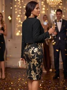 Fleurora Elegant Two Pieces Dress For Women, Ribbed Knit Button Front Cardigan And Black Mini Dress With Gold Floral Print, Stylish Party Outfit Party Dress - Multicolor - View 2
