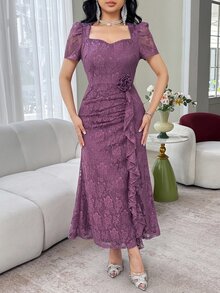 Feyla New Lace Waist Ruffle Floral Cinched Waist Elegant High-End Party Dress - Purple - View 5