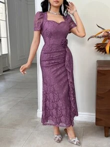 Feyla New Lace Waist Ruffle Floral Cinched Waist Elegant High-End Party Dress - Purple - View 6