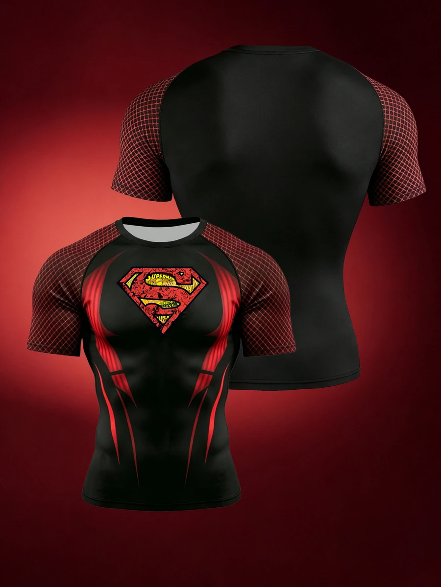 SUPERMAN X SHEIN Gym Rark Men's Plaid Colorblock Crew Neck Short Sleeve Sports T-Shirt For Running And Fitness, Gym - Multicolor - View 1