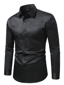 Manfinity Bizformal 男士黑色秋季高雅長袖正裝襯衫，奢華緞面鈕扣開襟上衣，壓花圖案設計，適合晚餐、晚宴、派對、工作活動、修身版型、儀式場合 - 黑色 - 查看 3