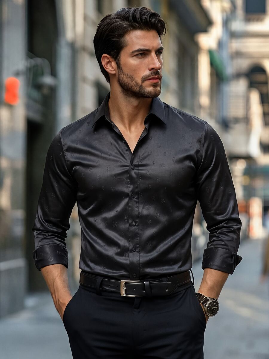 Manfinity Bizformal 男士黑色秋季高雅長袖正裝襯衫,奢華緞面鈕扣開襟上衣,壓花圖案設計,適合晚餐、晚宴、派對、工作活動、修身版型、儀式場合 - 黑色 - 查看 1