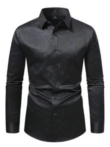 Manfinity Bizformal 男士黑色秋季高雅長袖正裝襯衫，奢華緞面鈕扣開襟上衣，壓花圖案設計，適合晚餐、晚宴、派對、工作活動、修身版型、儀式場合 - 黑色 - 查看 4