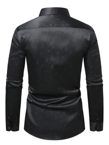 Manfinity Bizformal 男士黑色秋季高雅長袖正裝襯衫，奢華緞面鈕扣開襟上衣，壓花圖案設計，適合晚餐、晚宴、派對、工作活動、修身版型、儀式場合 - 黑色 - 查看 5